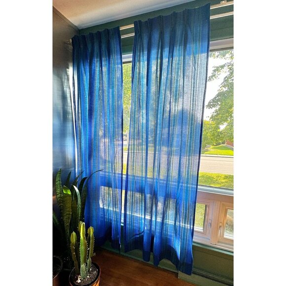 Vintage 70s curtain, blue and green stripes, pleated, price per panel - Picture 2 of 10